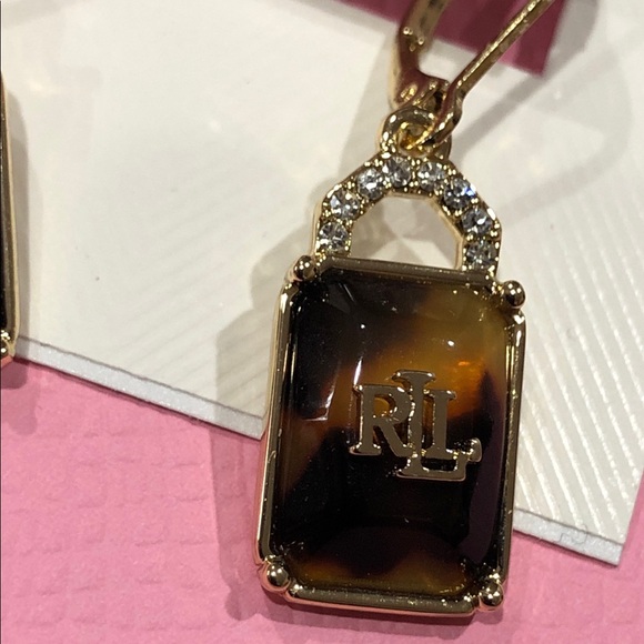 Lauren Ralph Lauren pave tortoiseshell RLL logo drop dangle earrings brand new - Picture 6 of 7